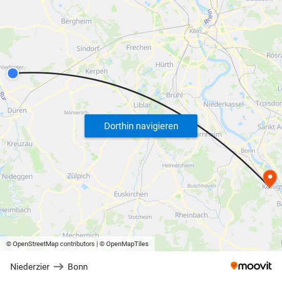 Niederzier to Bonn map