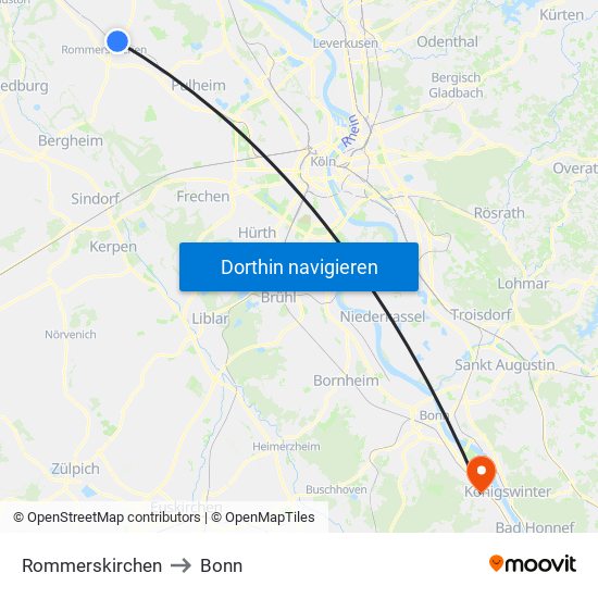 Rommerskirchen to Bonn map