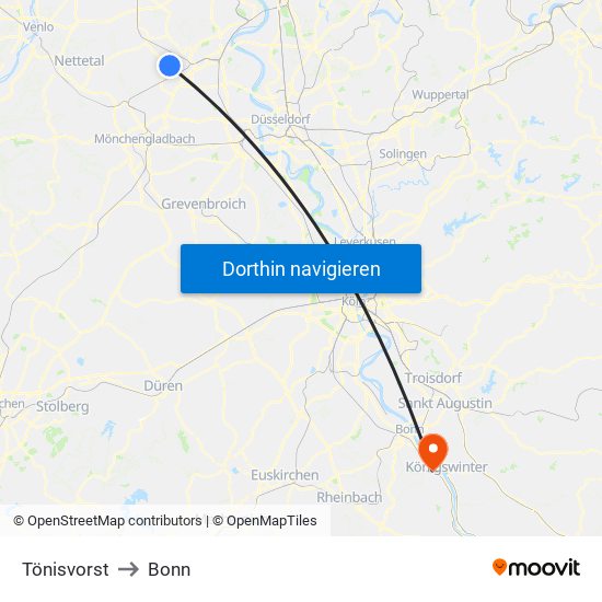 Tönisvorst to Bonn map