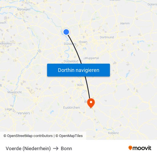 Voerde (Niederrhein) to Bonn map