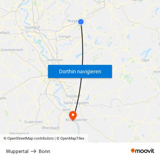 Wuppertal to Bonn map