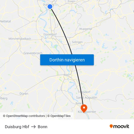 Duisburg Hbf to Bonn map