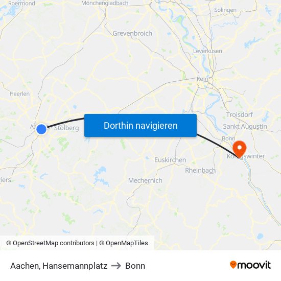 Aachen, Hansemannplatz to Bonn map