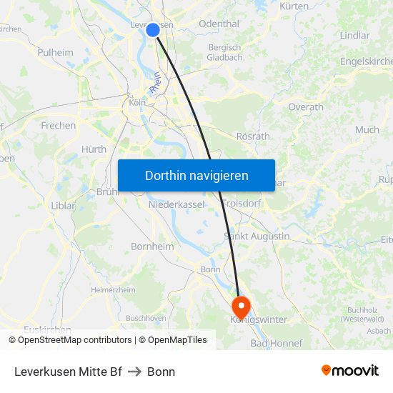 Leverkusen Mitte Bf to Bonn map