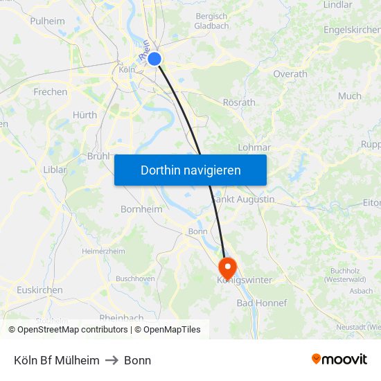 Köln Bf Mülheim to Bonn map