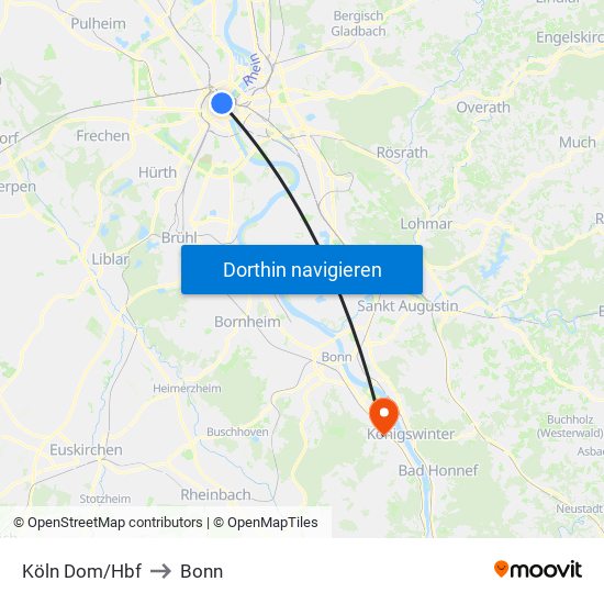 Köln Dom/Hbf to Bonn map