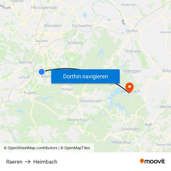 Raeren to Heimbach map