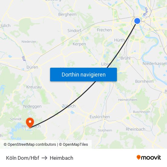 Köln Dom/Hbf to Heimbach map