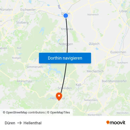 Düren to Hellenthal map