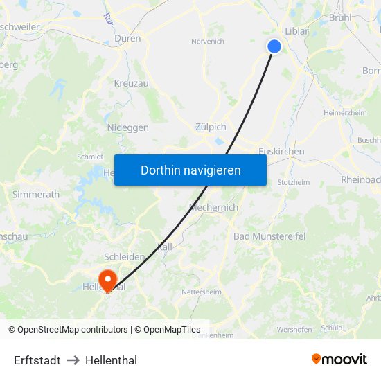 Erftstadt to Hellenthal map