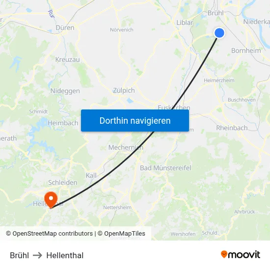 Brühl to Hellenthal map