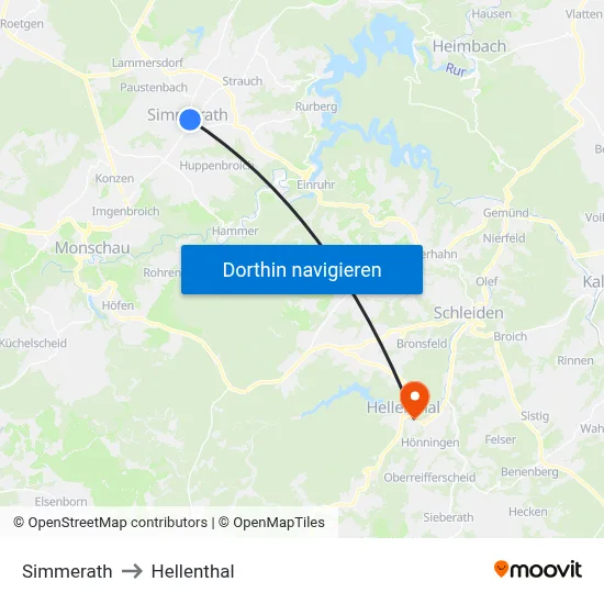 Simmerath to Hellenthal map
