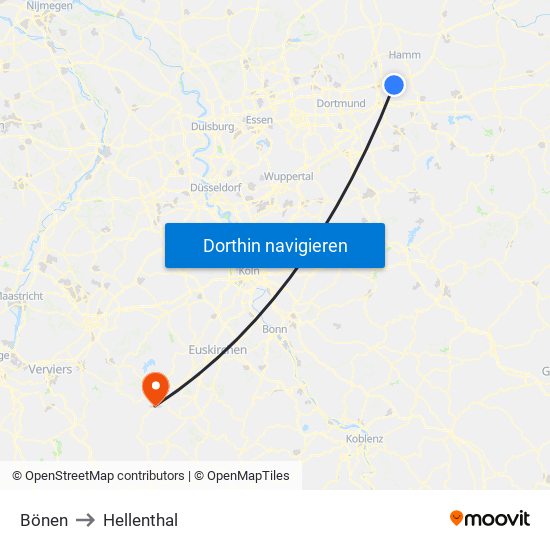 Bönen to Hellenthal map