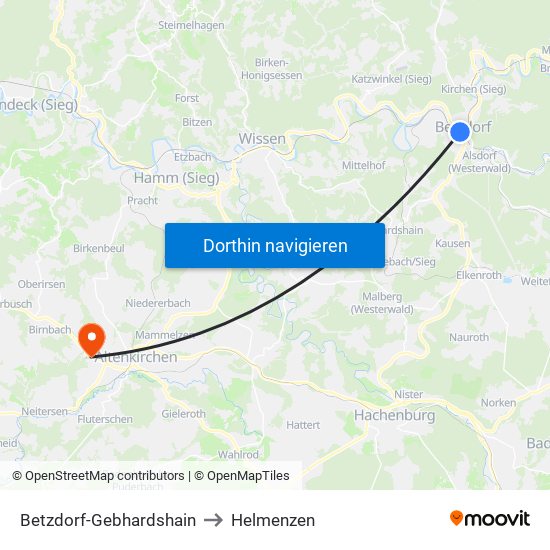 Betzdorf-Gebhardshain to Helmenzen map