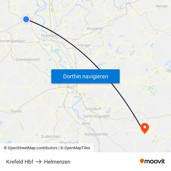 Krefeld Hbf to Helmenzen map