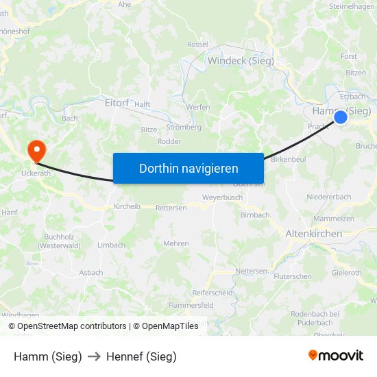 Hamm (Sieg) to Hennef (Sieg) map