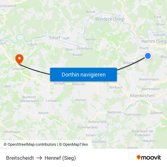 Breitscheidt to Hennef (Sieg) map