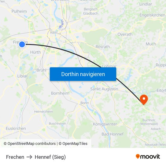 Frechen to Hennef (Sieg) map