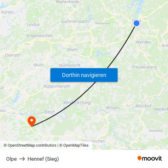 Olpe to Hennef (Sieg) map