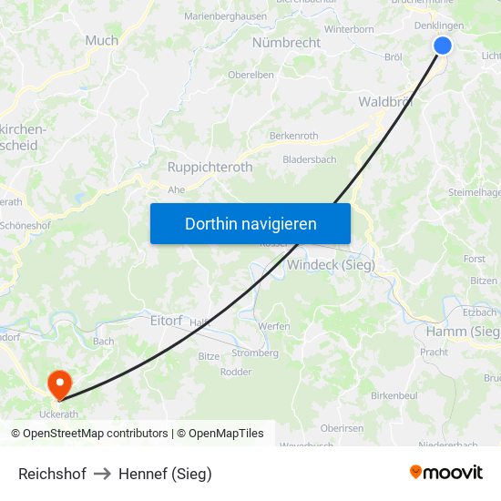 Reichshof to Hennef (Sieg) map