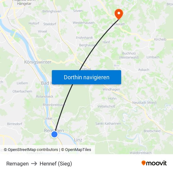 Remagen to Hennef (Sieg) map