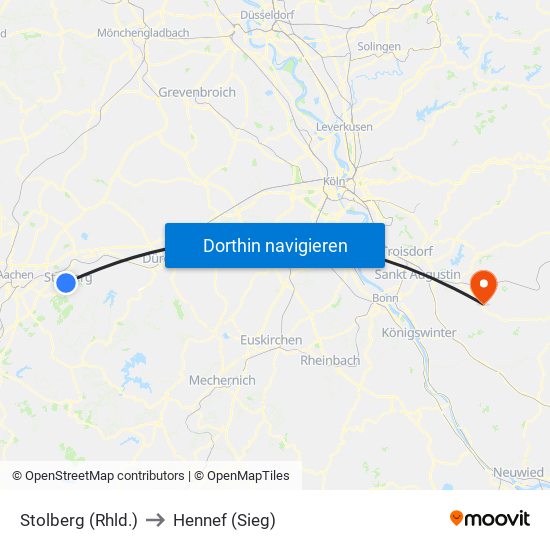 Stolberg (Rhld.) to Hennef (Sieg) map