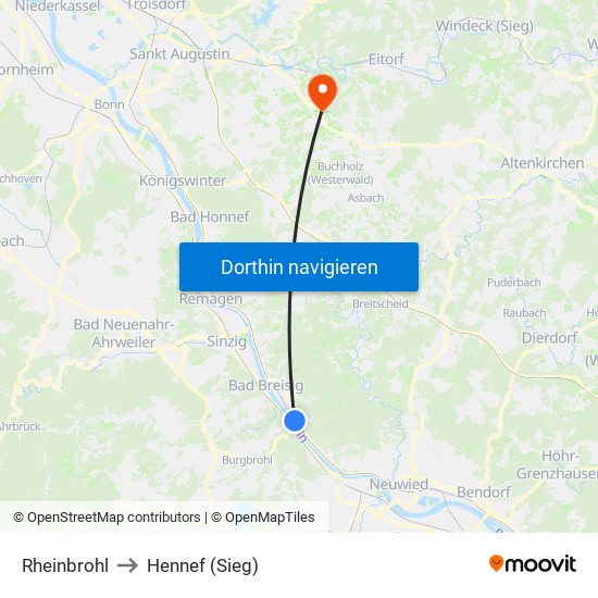 Rheinbrohl to Hennef (Sieg) map