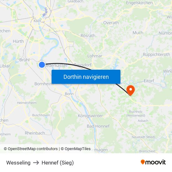 Wesseling to Hennef (Sieg) map