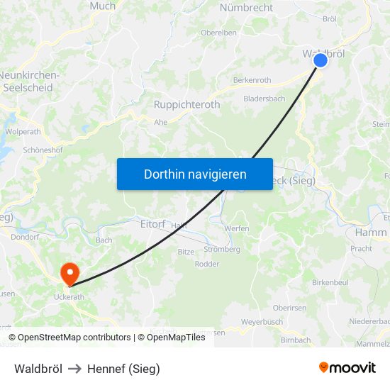 Waldbröl to Hennef (Sieg) map