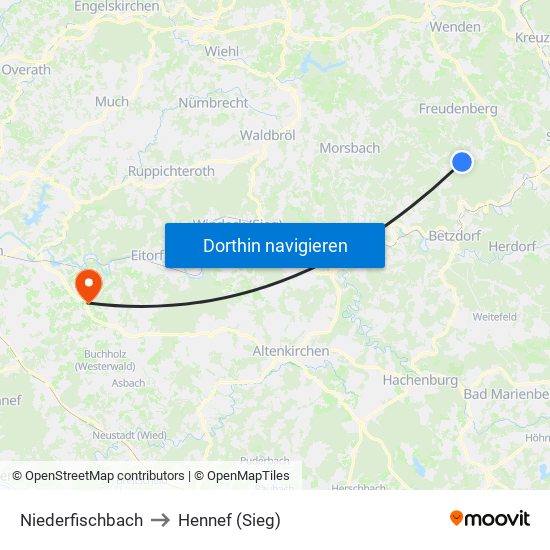Niederfischbach to Hennef (Sieg) map