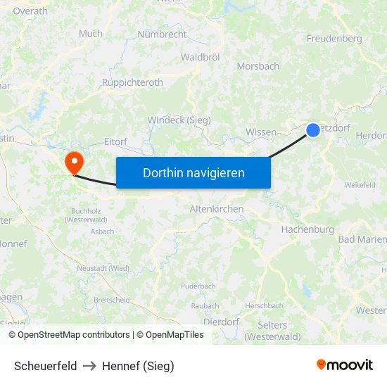 Scheuerfeld to Hennef (Sieg) map