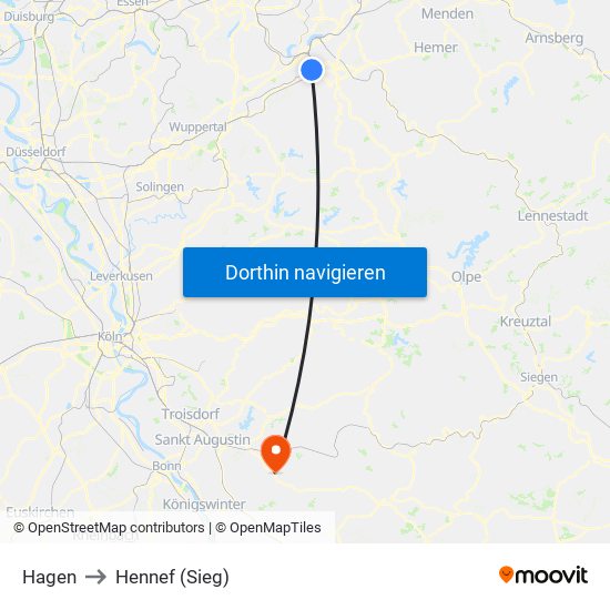 Hagen to Hennef (Sieg) map