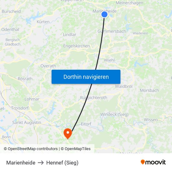 Marienheide to Hennef (Sieg) map