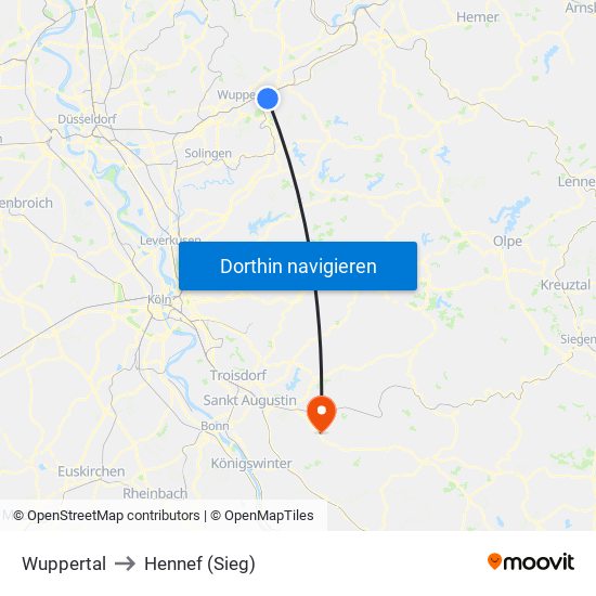 Wuppertal to Hennef (Sieg) map