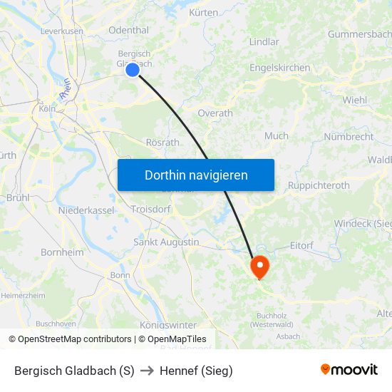 Bergisch Gladbach (S) to Hennef (Sieg) map