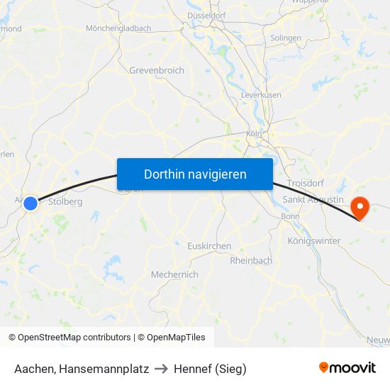 Aachen, Hansemannplatz to Hennef (Sieg) map