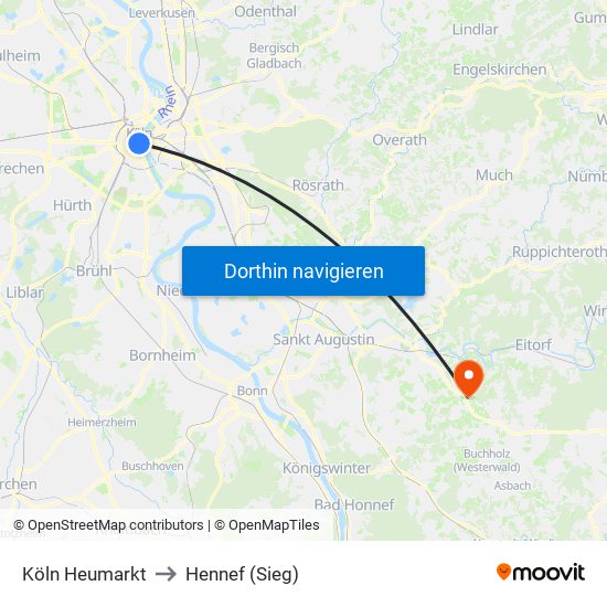 Köln Heumarkt to Hennef (Sieg) map