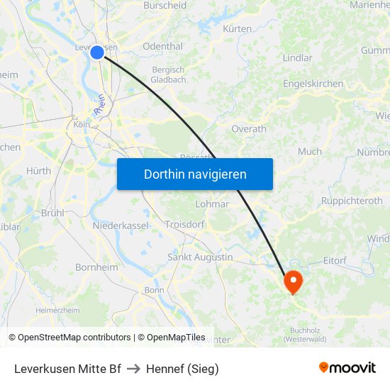 Leverkusen Mitte Bf to Hennef (Sieg) map