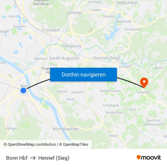 Bonn Hbf to Hennef (Sieg) map
