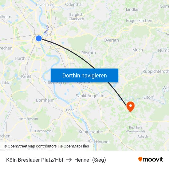 Köln Breslauer Platz/Hbf to Hennef (Sieg) map