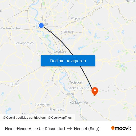 Heinr.-Heine-Allee U - Düsseldorf to Hennef (Sieg) map