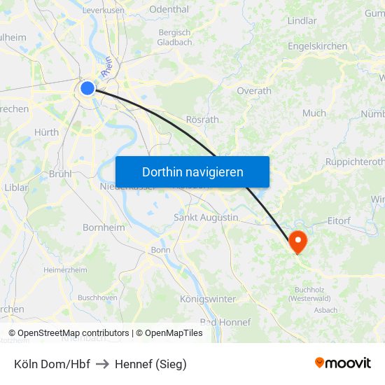 Köln Dom/Hbf to Hennef (Sieg) map