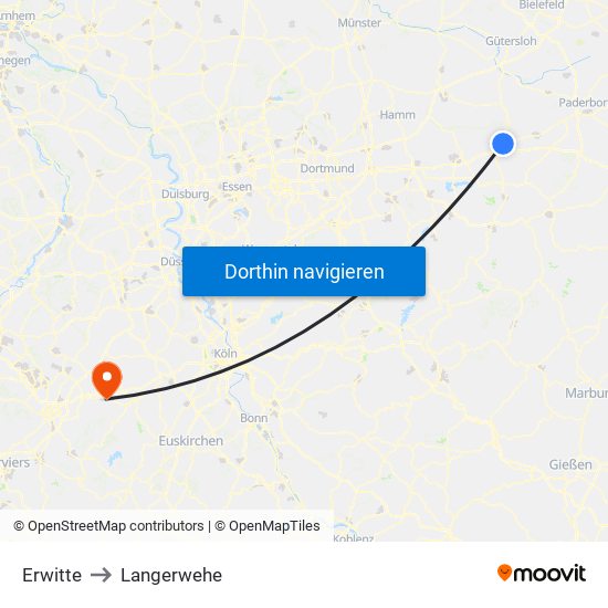Erwitte to Langerwehe map