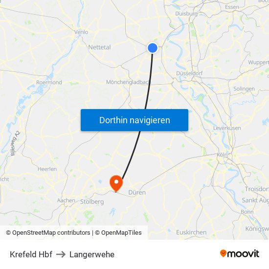 Krefeld Hbf to Langerwehe map