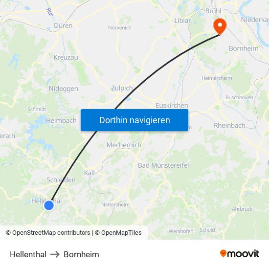 Hellenthal to Bornheim map