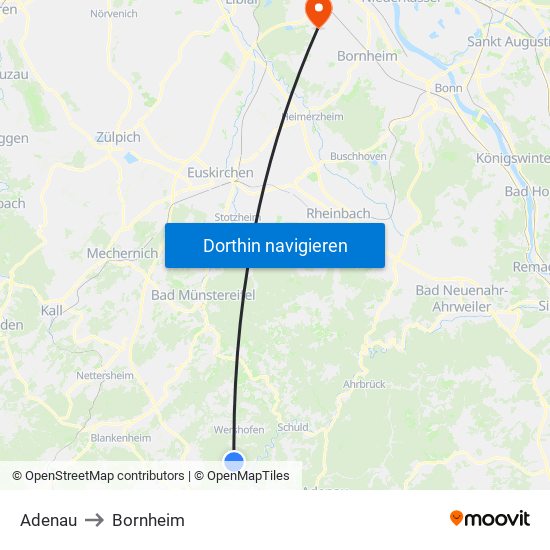 Adenau to Bornheim map