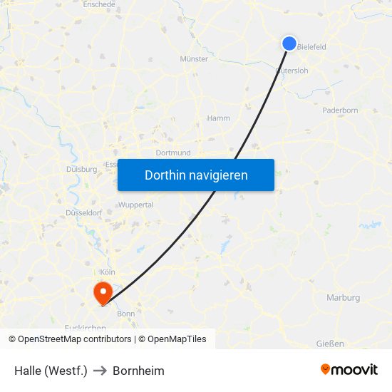 Halle (Westf.) to Bornheim map