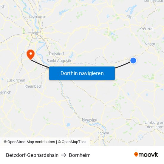 Betzdorf-Gebhardshain to Bornheim map