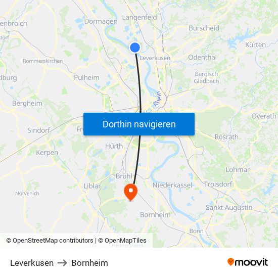 Leverkusen to Bornheim map