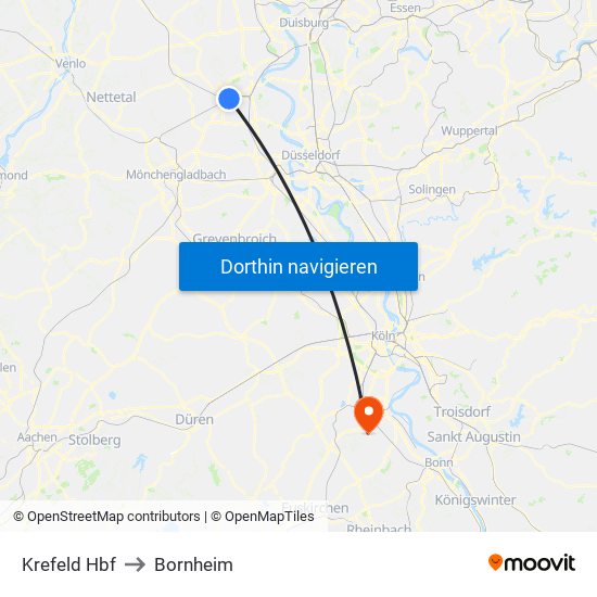 Krefeld Hbf to Bornheim map
